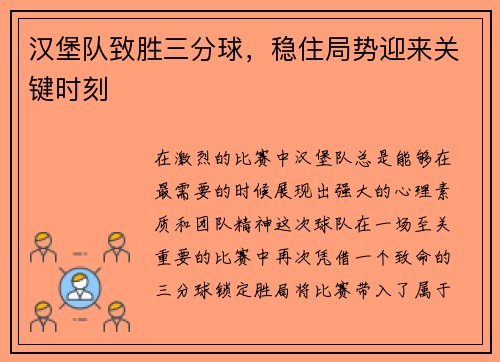 汉堡队致胜三分球，稳住局势迎来关键时刻